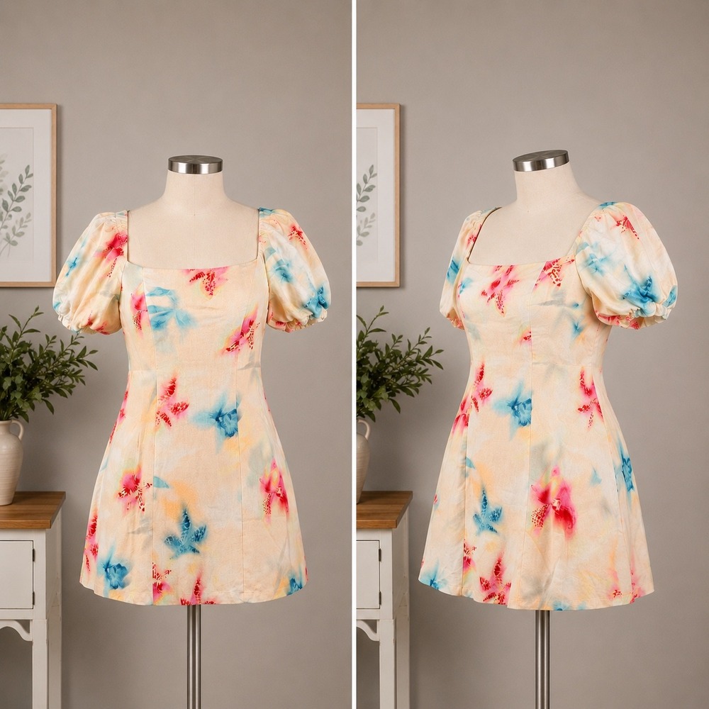 Bar III Mini Dress S Peach Floral Puff Sleeve Linen Blend Pocket Cottage Coquett